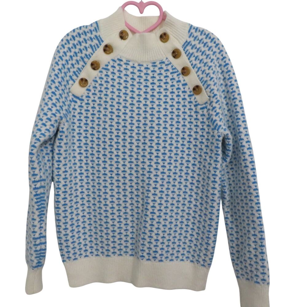 Ann Taylor Women Sz S Blue White Geometric Knit Button Detail Mock Neck Sweater